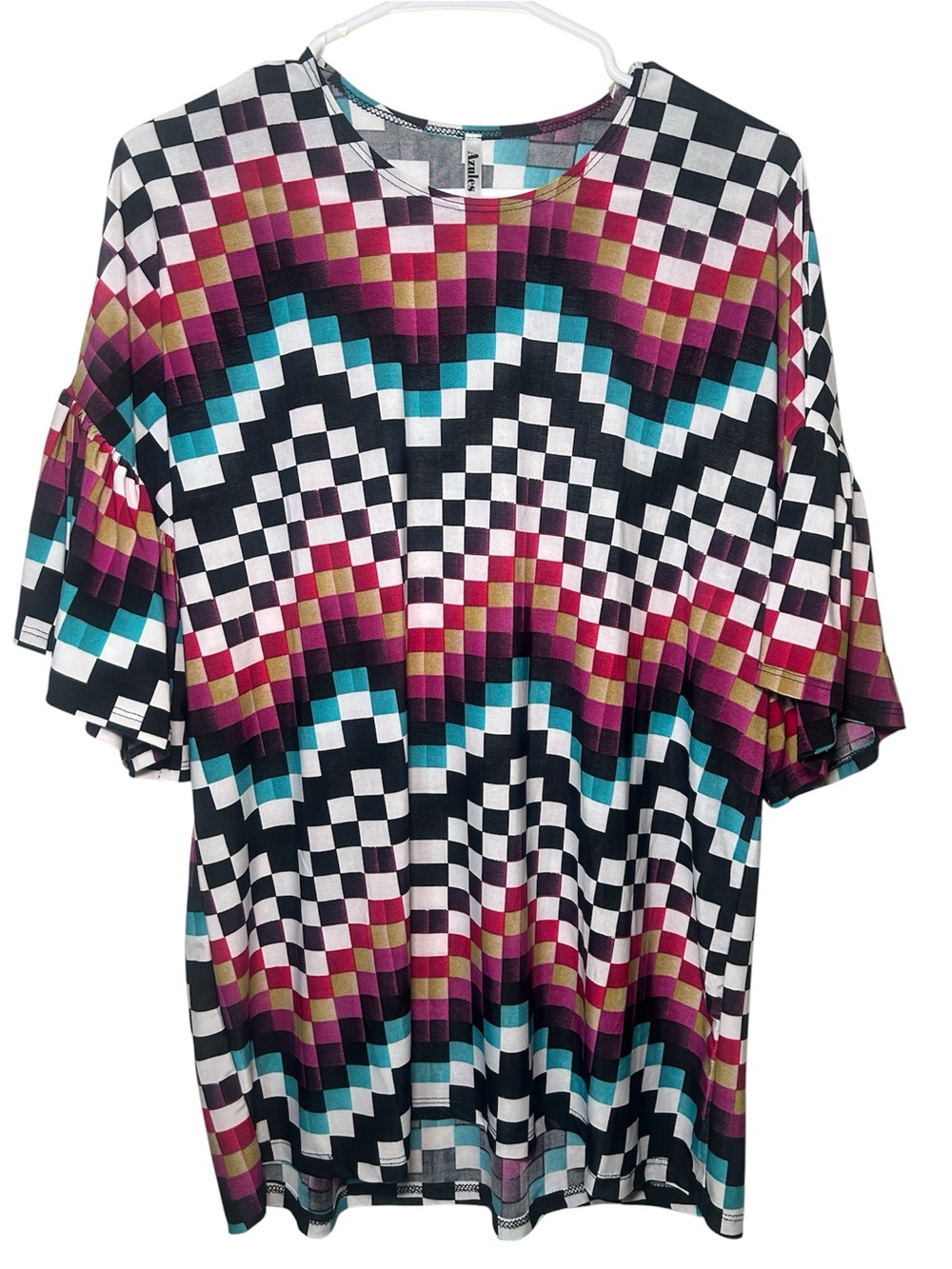 Azules Multicolor Checkerboard Tee with Teal, Magenta Small Flowy Bright Fun